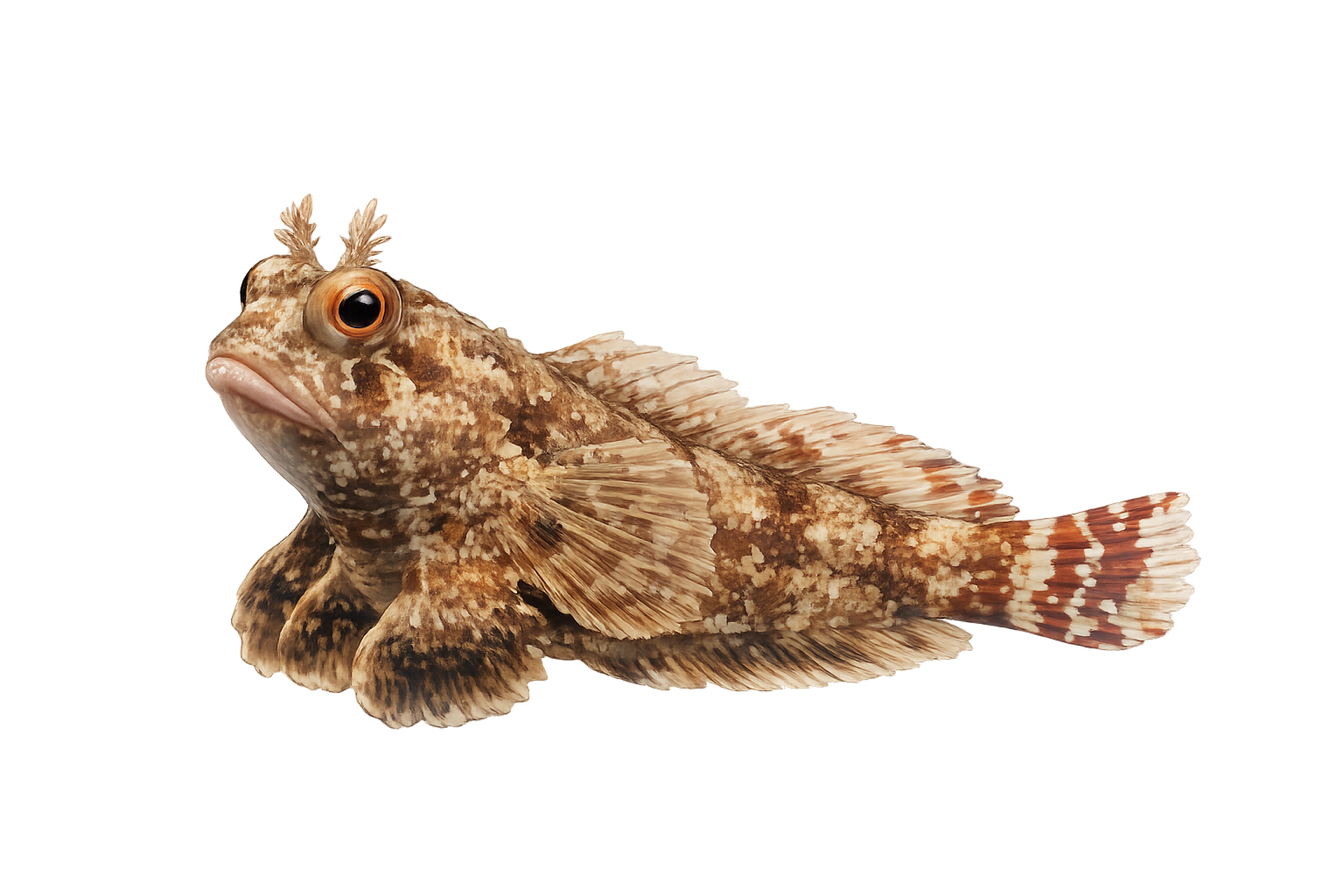 Floating Blenny fish with a mottled tan-brown body