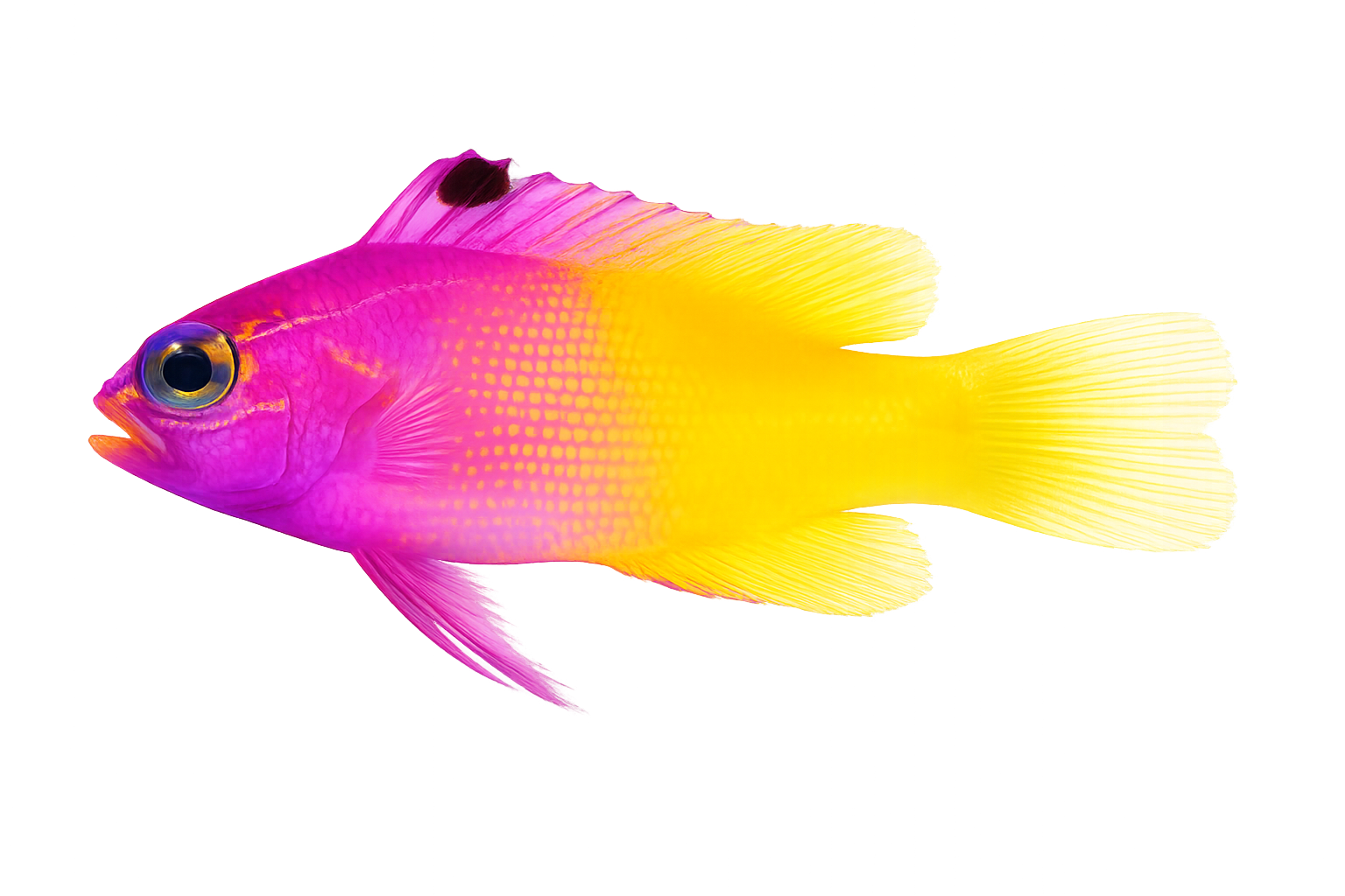 Floating adult Royal Gramma fish with a purple front half and yellow rear half